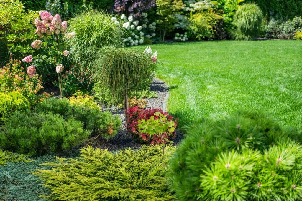 Lush landscaped yard with trimmed grass, flowering bushes, and garden bed for Precision Landscaping and Lawncare LLC