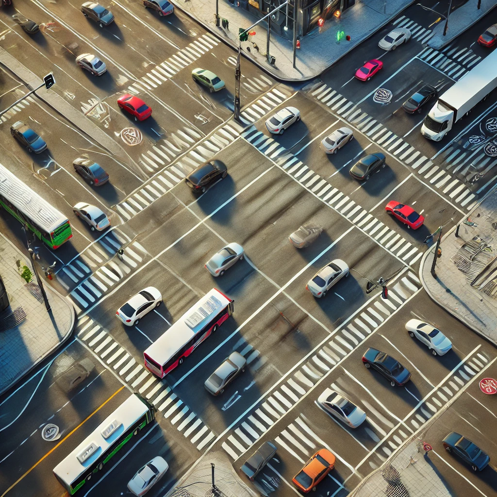 A realistic aerial view of a busy traffic intersection with multiple lanes, vehicles including cars, buses and trucks, traffic lights and pedestrian crossing.