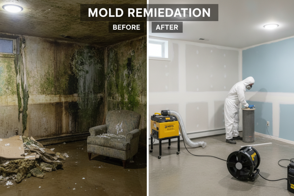 JZ Plumbing & Maintenance Inc. mold remediation before and after showing technician cleaning basement mold-damaged room