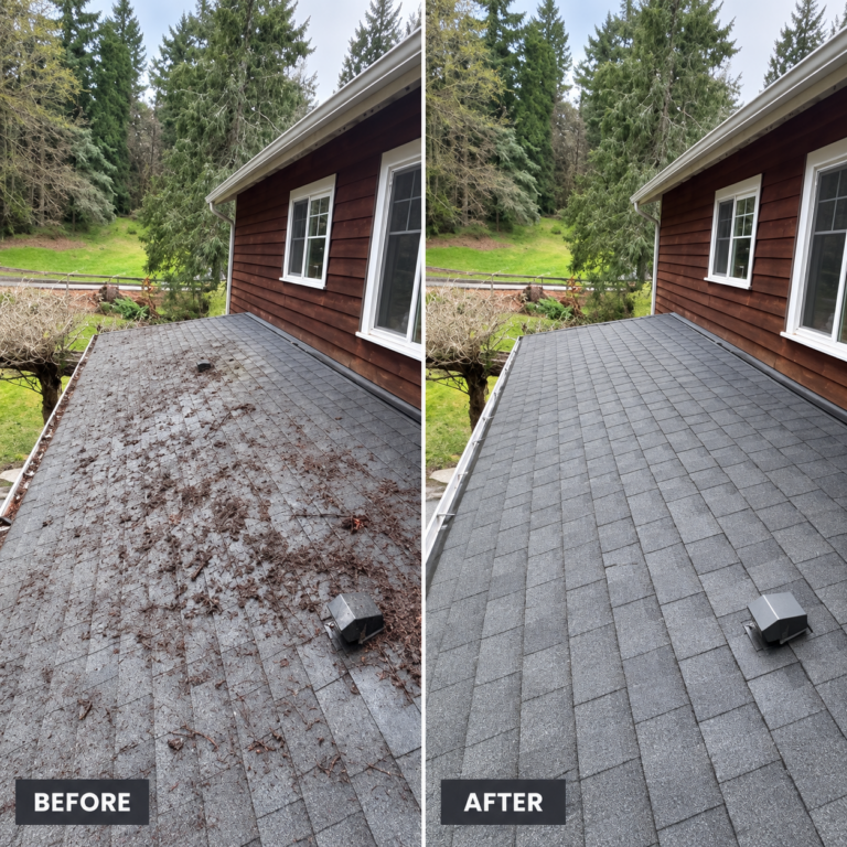 Arrowhead Roof Cleaning before and after roof wash on residential shingle roof