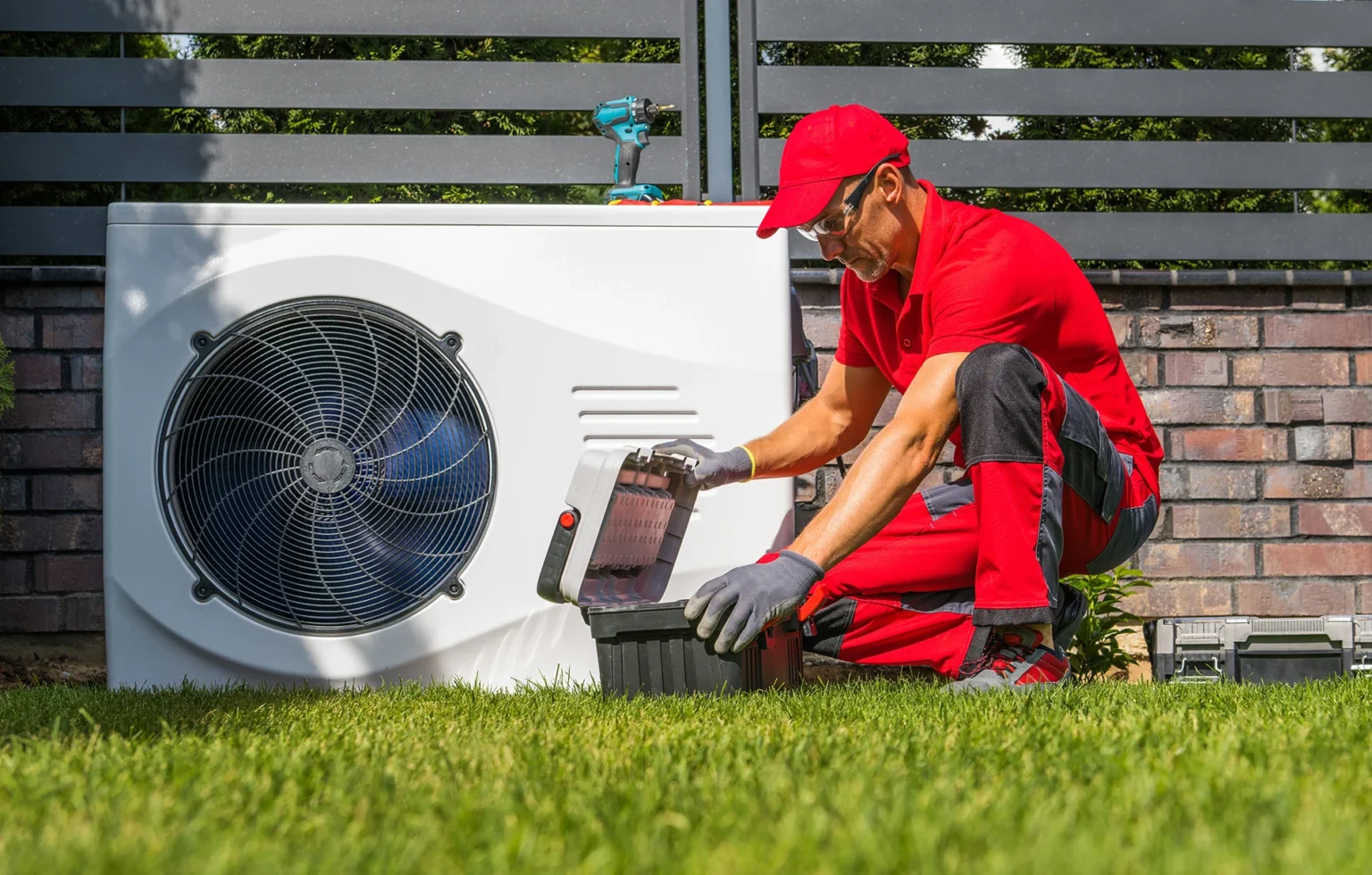 Technician installs heat pump
