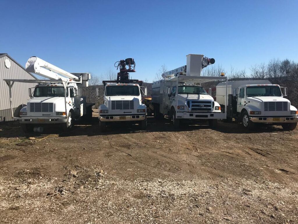 Equipment owned by Low Rate Tree Service - 4 trucks including cherry pickers and wood chipper trucks