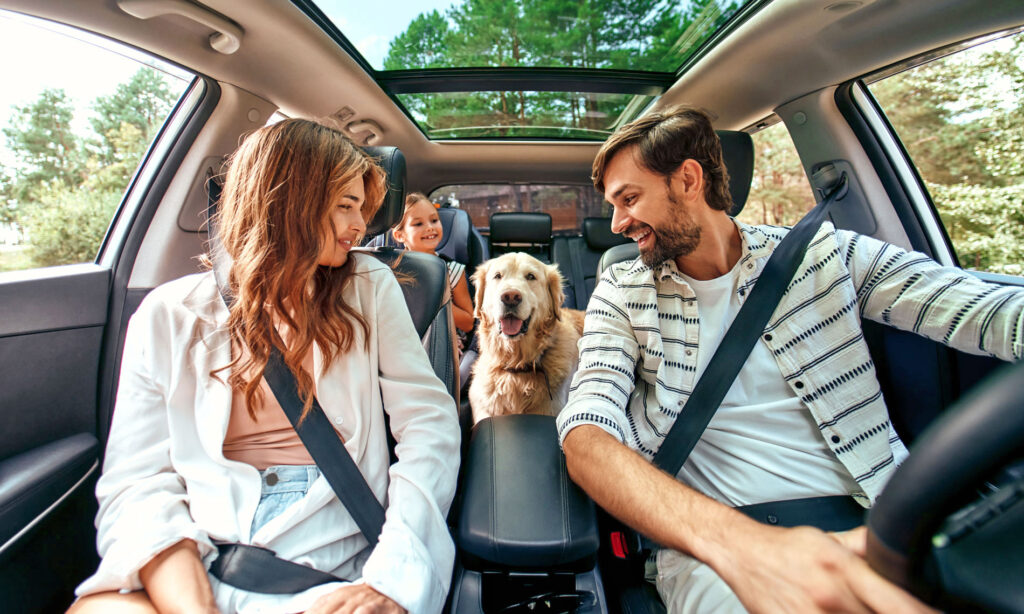 Family, dog in car
