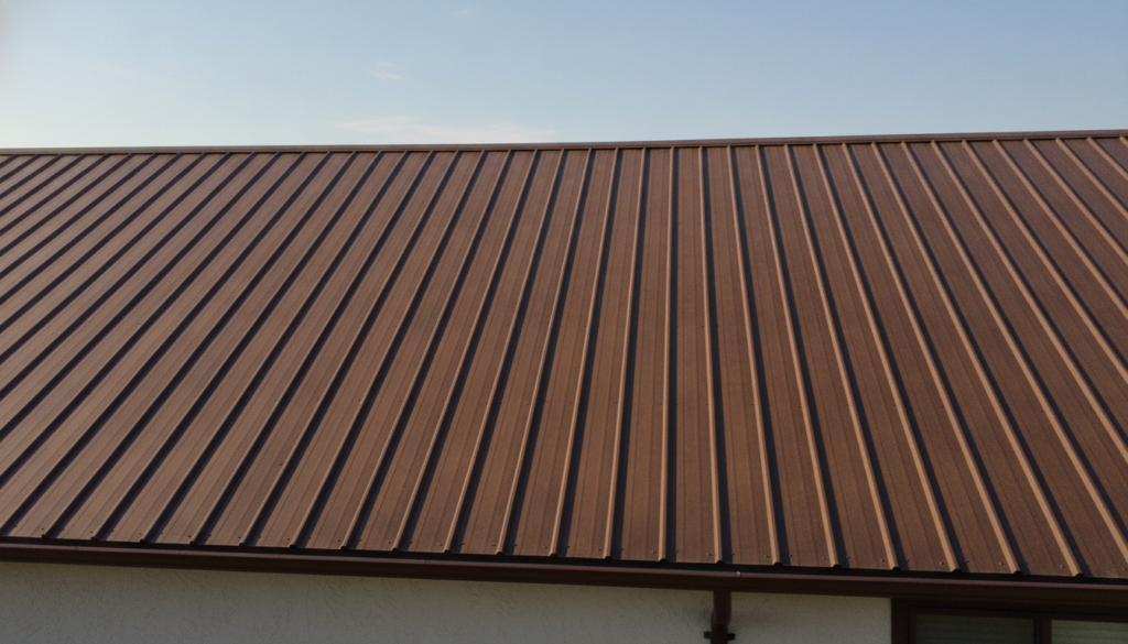 T Angeles Roofing residential metal roof paneling under a clear sky