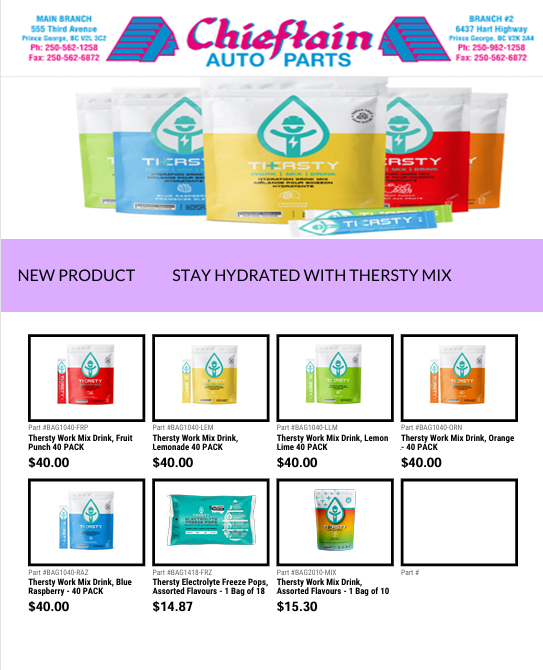 Chieftain Auto Parts product display featuring Thersty Mix bags and new product section