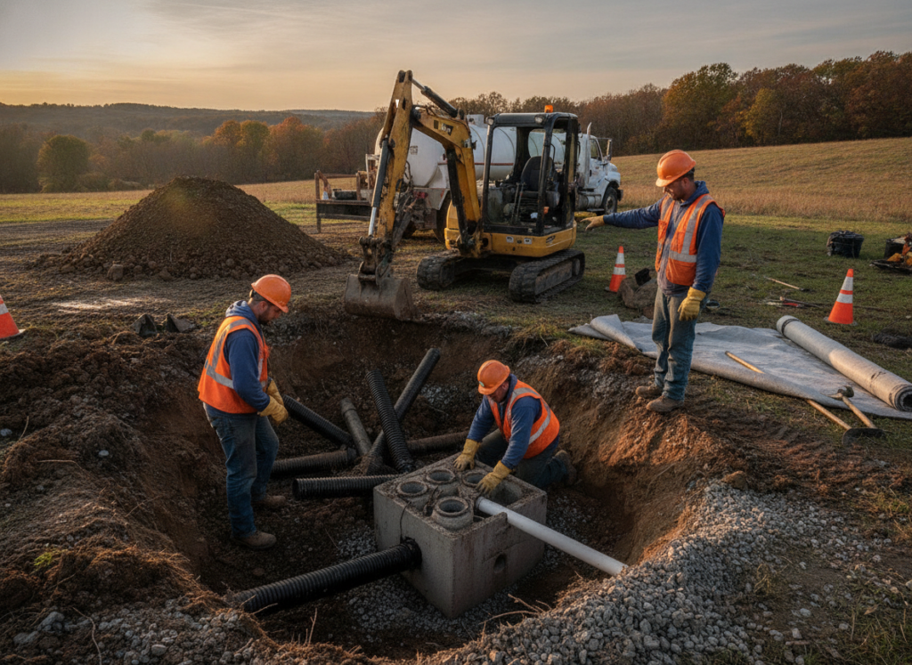 Best Jet Septic workers installing septic system piping with an excavator
