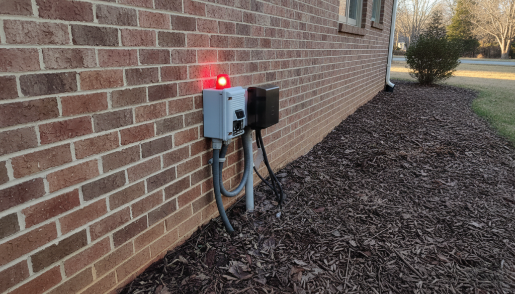 Best Jet Septic exterior septic tank alarm with red warning light beside a brick building