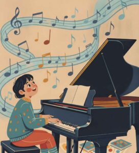 Young girl playing the piano with musical notes background for Stephanie's Musique