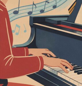 Illustration of hands playing a piano with music notes, representing Stephanie's Musique