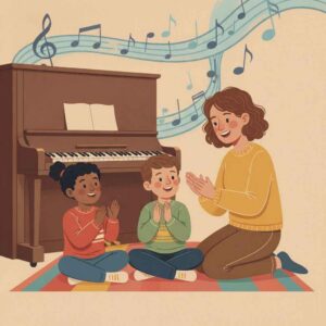 Illustration of a music teacher and two children playing and listening near an upright piano, with musical notes in the background