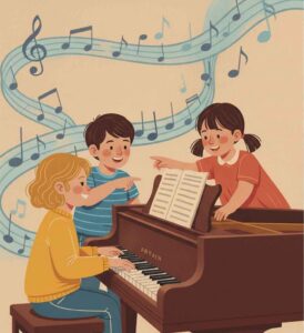 Children playing piano and singing with musical notes background for Stephanie's Musique