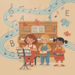 Music-themed illustration of children performing with piano, drum and sheet music for Stephanie's Musique
