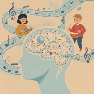 Children playing music with notes and instruments at Stephanie's Musique