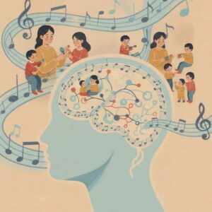 Illustration of a person’s head filled with music notes and children playing instruments, representing Stephanie’s Musique.