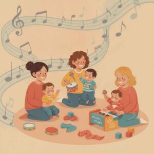 Kids playing music together with instruments and musical notes, Stephanie's Musique branding