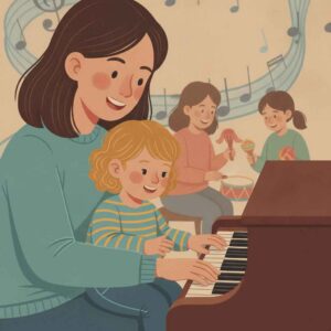 Illustration of Stephanie's Musique music teacher and children playing instruments in a cheerful classroom setting