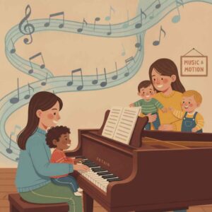 Illustration of children learning piano music with musical notes, featuring a banner for Stephanie's Musique