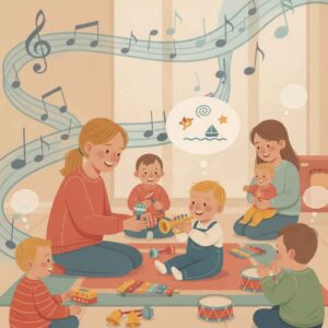 Stephanie's Musique family music lesson with children playing instruments at home