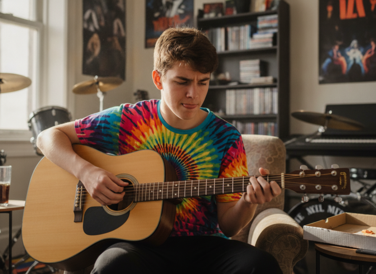 Teen playing an acoustic guitar in a music room for Stephanie's Musique