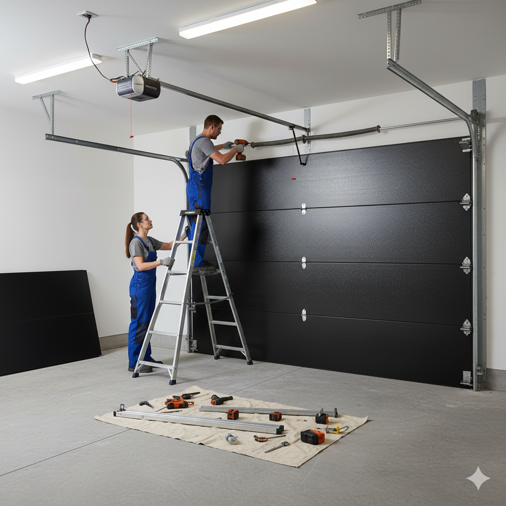 AmCo Door Co technicians installing a large commercial garage door in a workshop