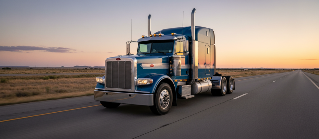 Trucking compliance and permitting services with a commercial truck driving on a highway at sunset