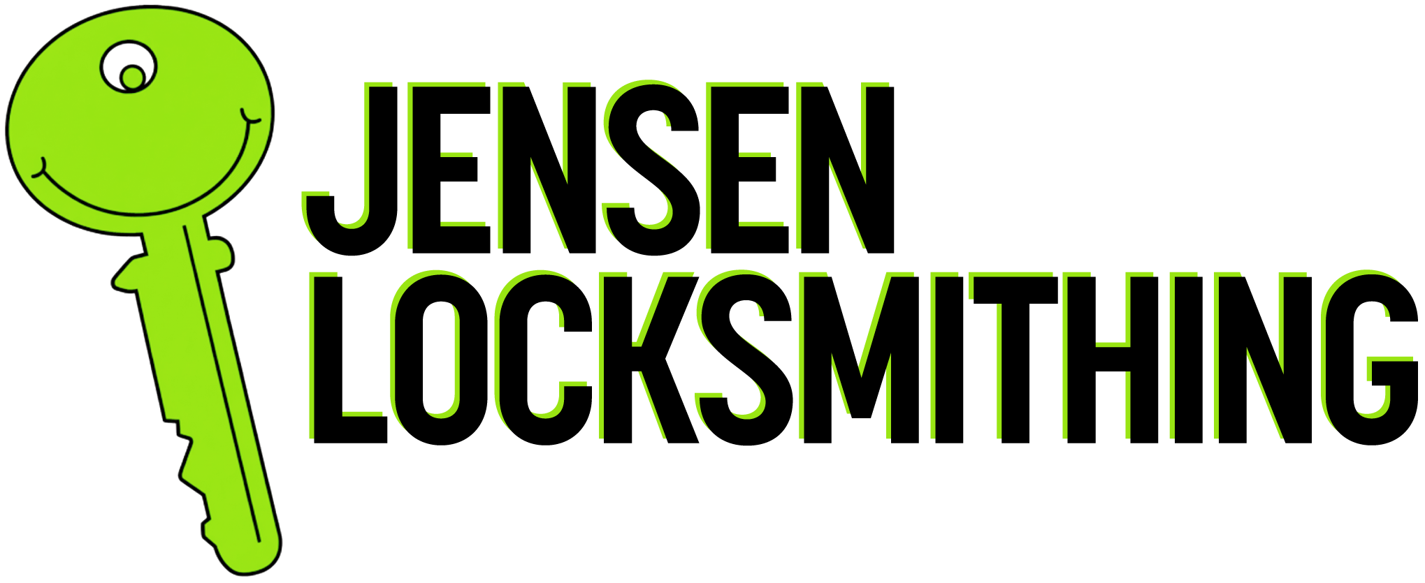 Jensen Locksmithing logo with green key and text
