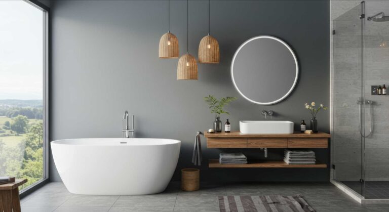 Boyd's Custom Remodeling Inc. modern bathroom remodel with freestanding tub, vanity, and glass shower