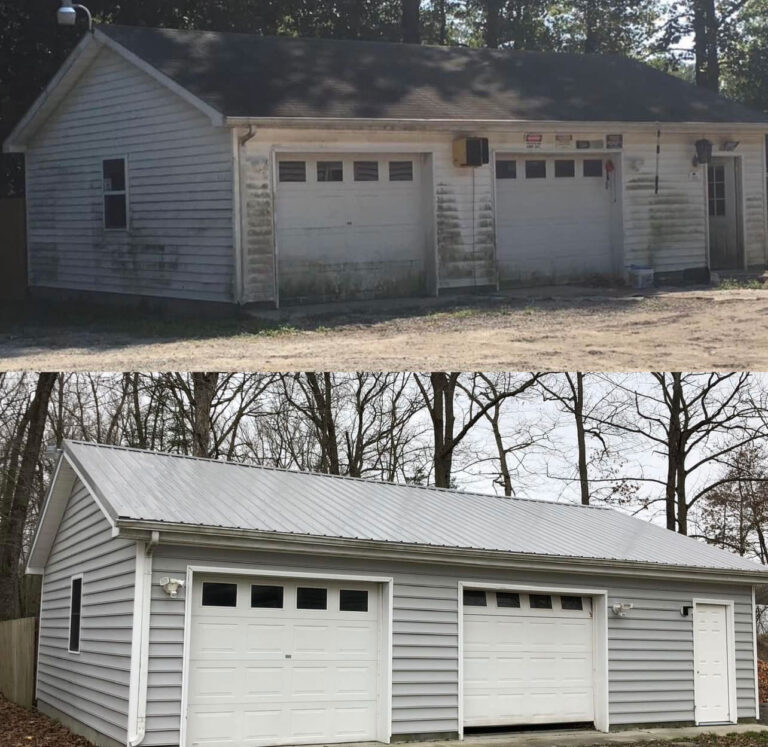 Before and after photo of detached garage. Boyd's Custom Remodeling installed new metal roof siding and gutters.