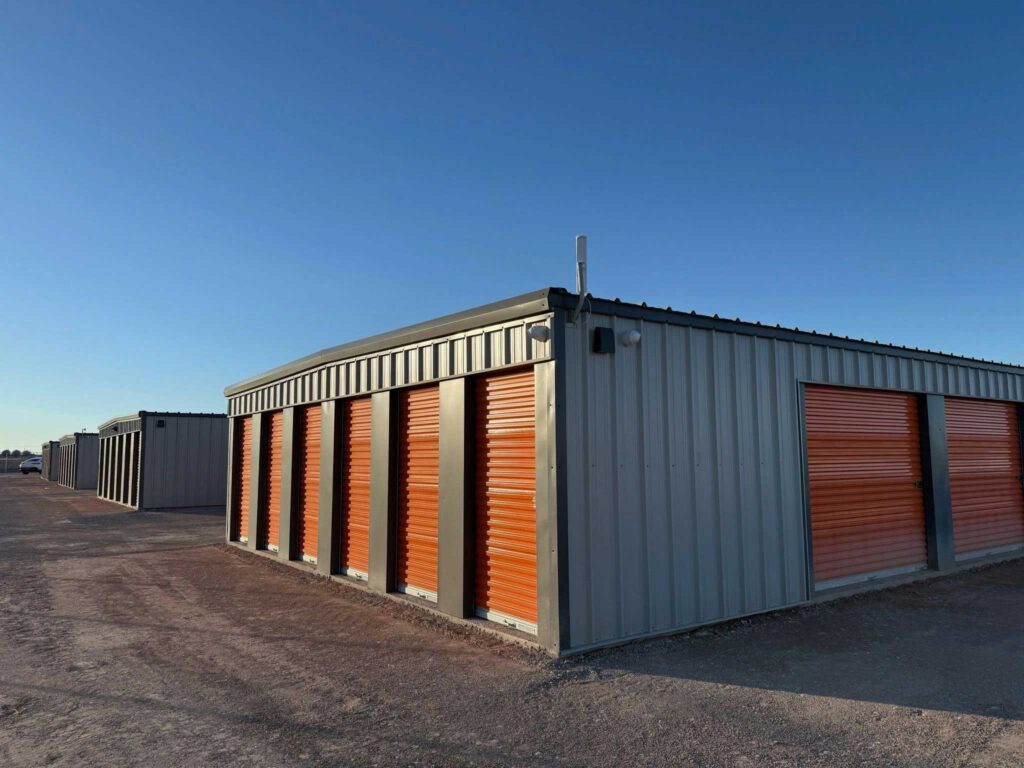 Champions RV & Mini Storage row of metal self-storage units with roll-up doors