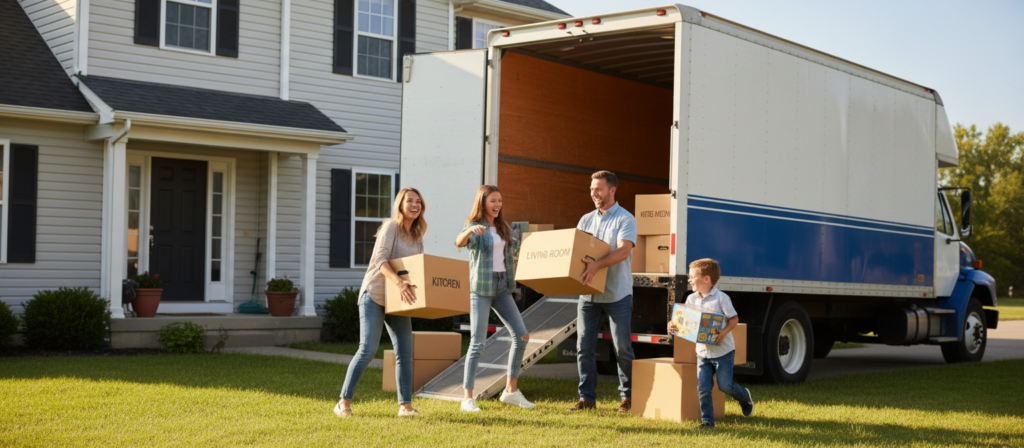 AI-generated image of a family on the front lawn of a two-story house loading boxes into the back of a moving van