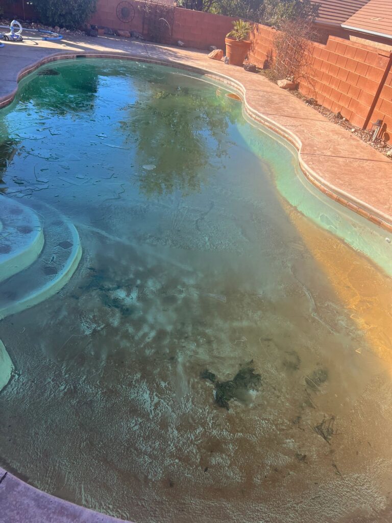 before cleaning, dirty swimming pool