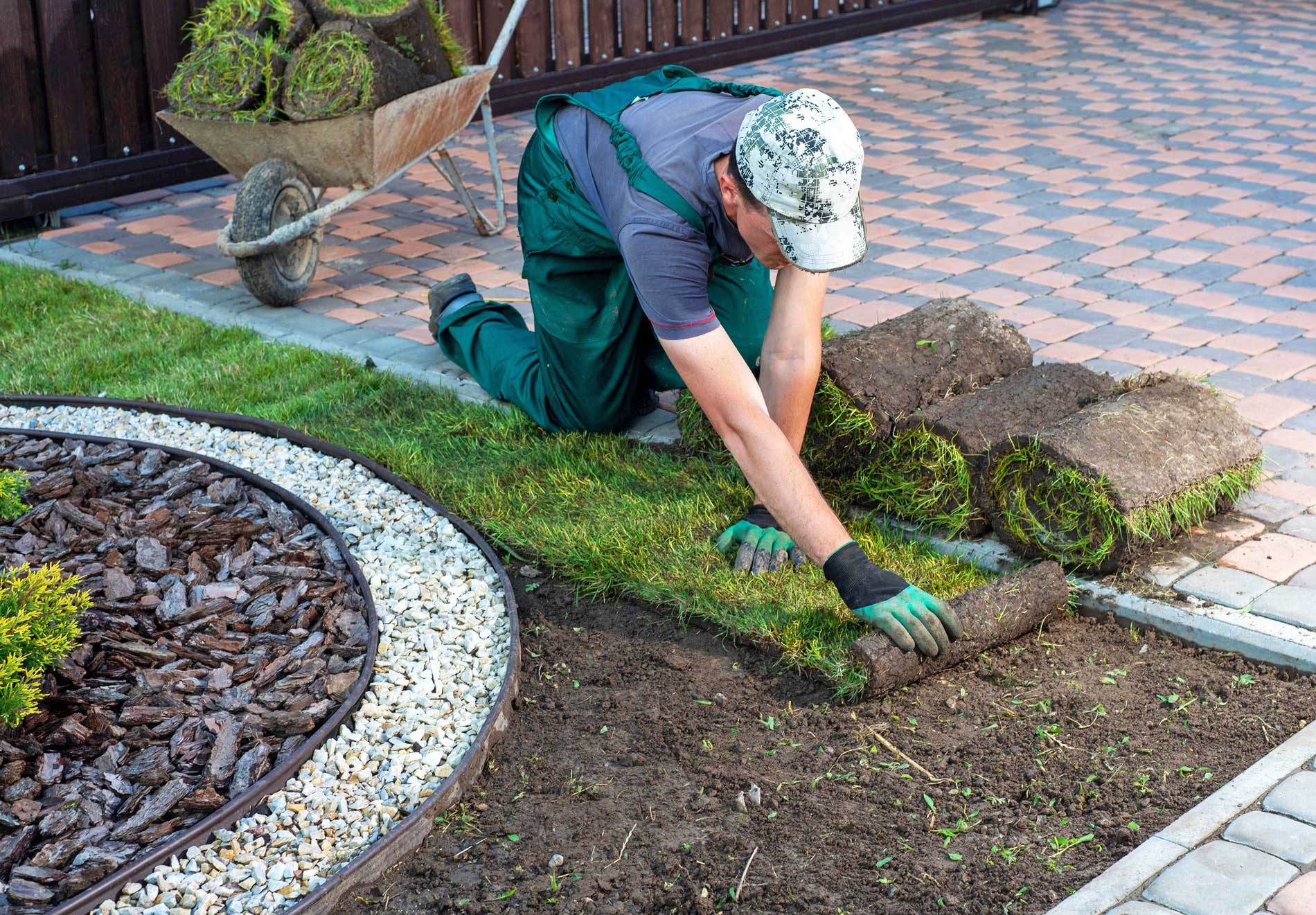 A laborer unrolls a roll of sod in creating an instant backyard