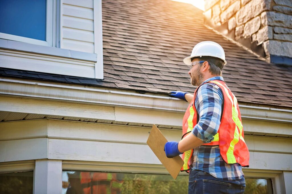 Roofing contractor wearing hard hat and safety vest inspecting a residential shingle roof