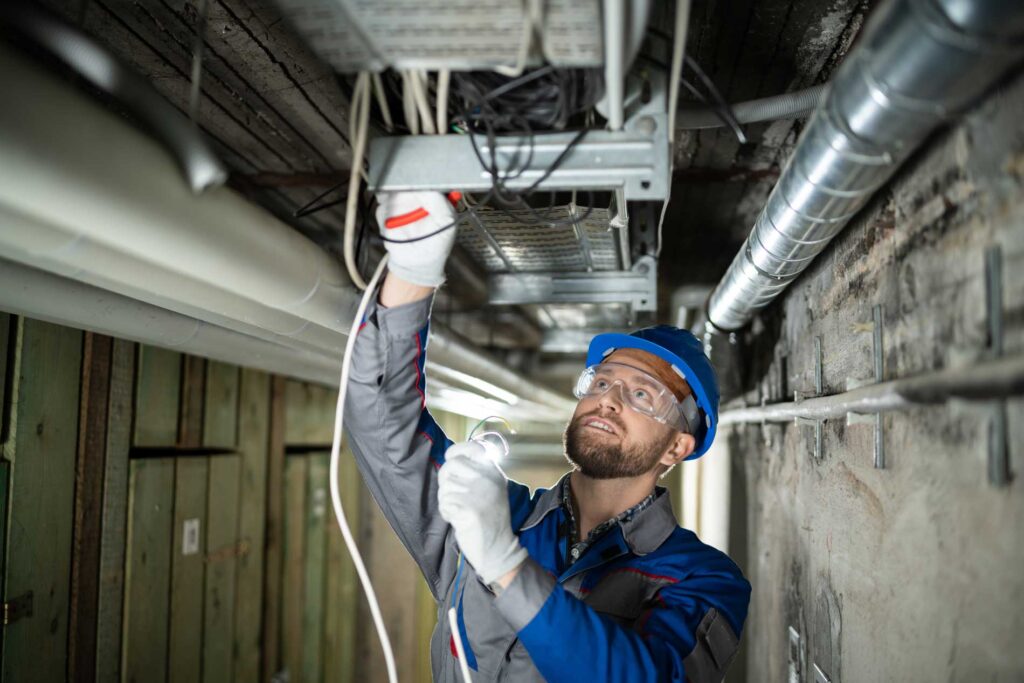 Technician in protective gear inspecting HVAC ductwork in a commercial setting for Cole Insurance Agency LLC