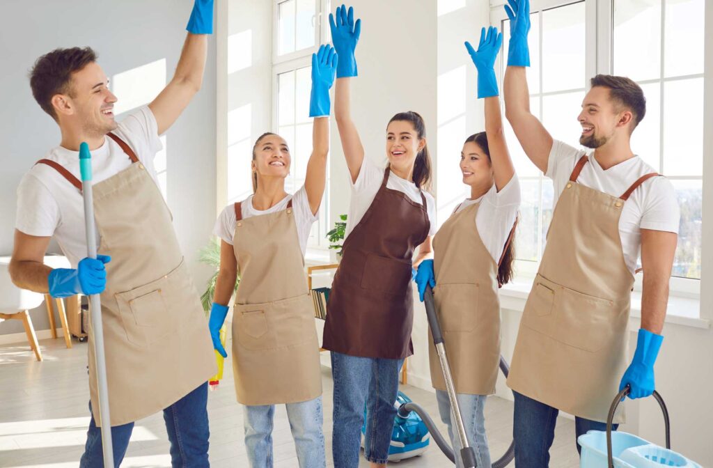 Cole Insurance Agency LLC team in blue gloves cleaning a bright home together