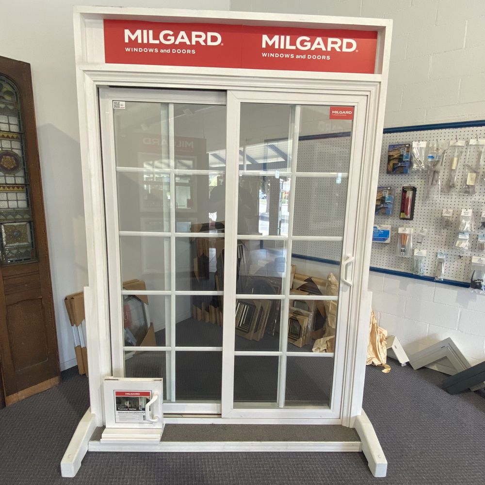Mid Coast Glass showroom display of a Milgard windows and doors glass unit