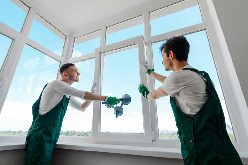 Mid Coast Glass technicians installing a new window pane inside a home