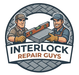 K Bros Landscaping Inc Interlock Repair Guys logo with two workers holding a level and stone interlock blocks