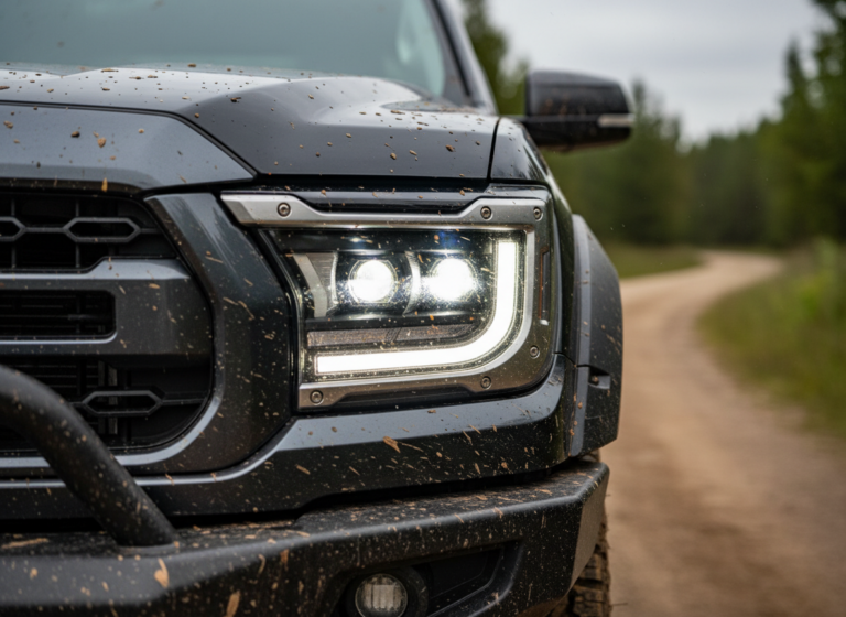 Denver City Motor Parts close-up of a truck headlight and front bumper with road dust