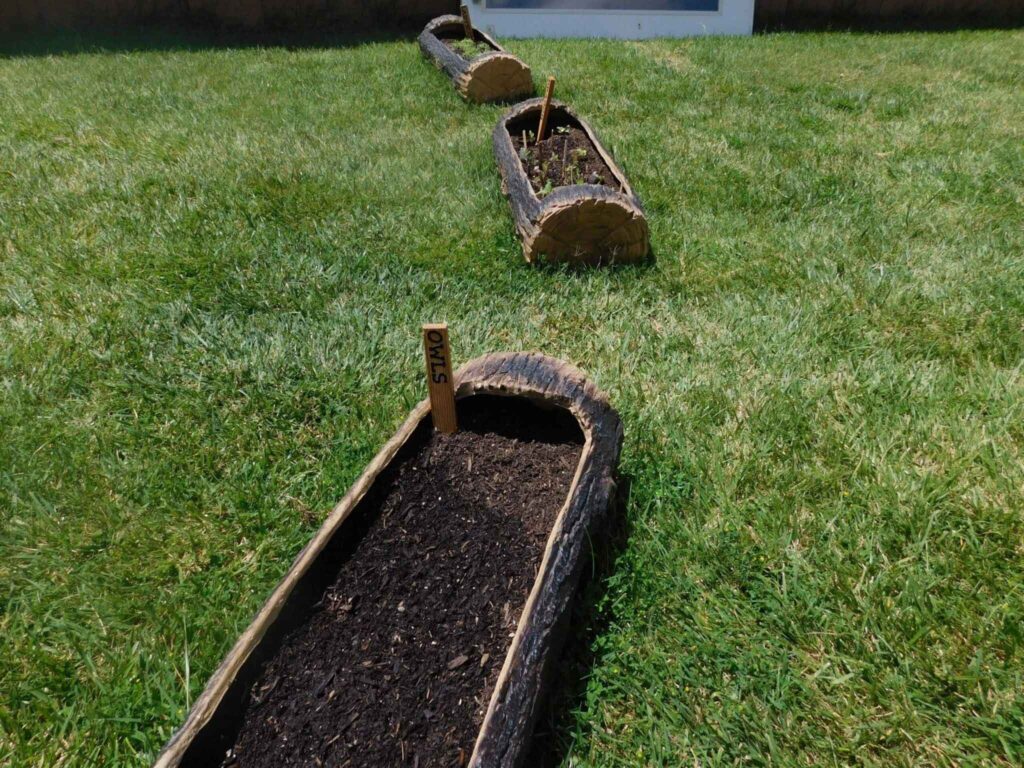 Country Kids Children's Center outdoor garden beds in a grassy yard