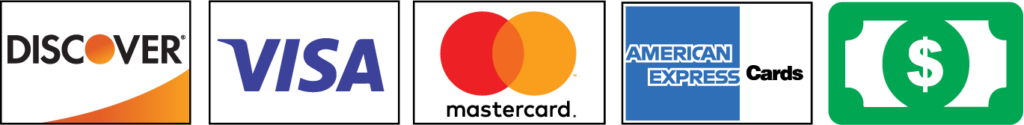 We accept DiscoverCard, Visa, Mastercard, American Express & Cash.
