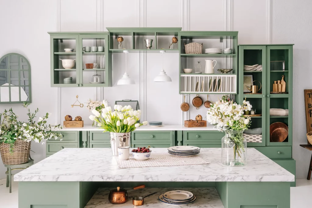 marble on green kitchen countertops