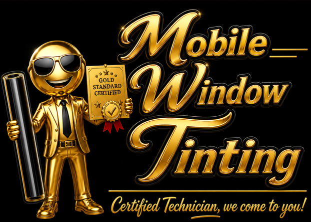 Mobile Window Tinting Co. logo featuring a smiling gold technician holding a tinting roll and the words Mobile Window Tinting with Gold Standard Certified Technician badge