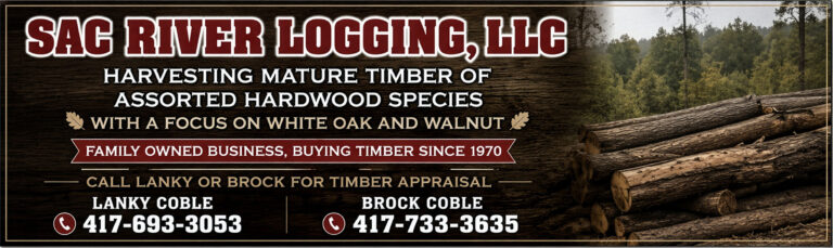 Southwest Missouri Tree Service banner for Sag River Logging, LLC featuring timber harvesting and log piles
