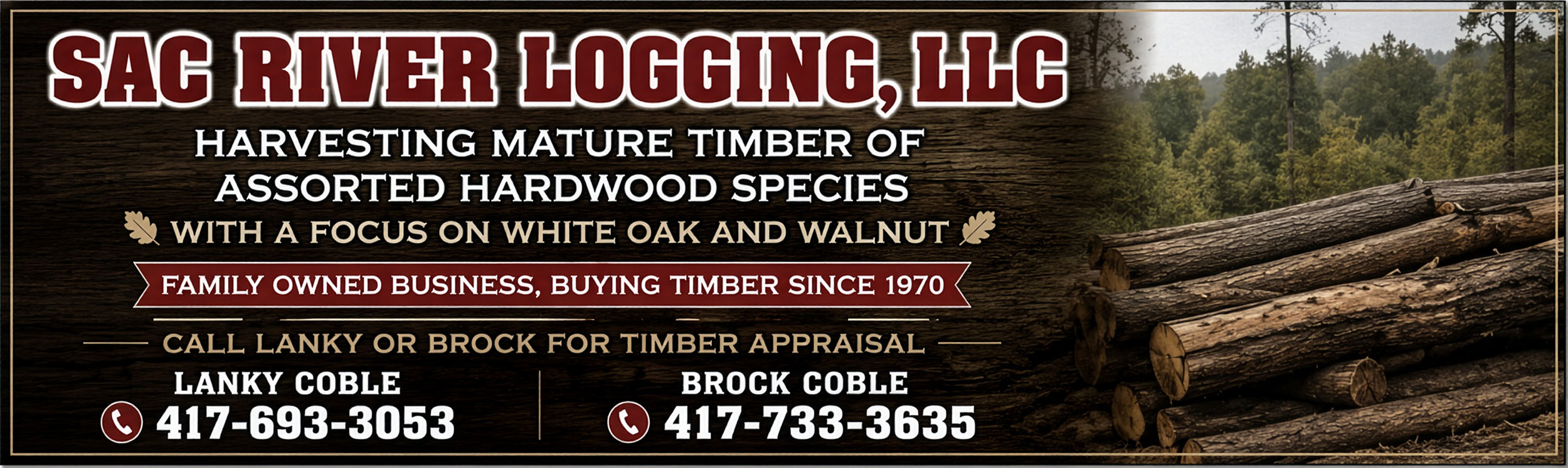 Southwest Missouri Tree Service banner for Sag River Logging, LLC featuring timber harvesting and log piles