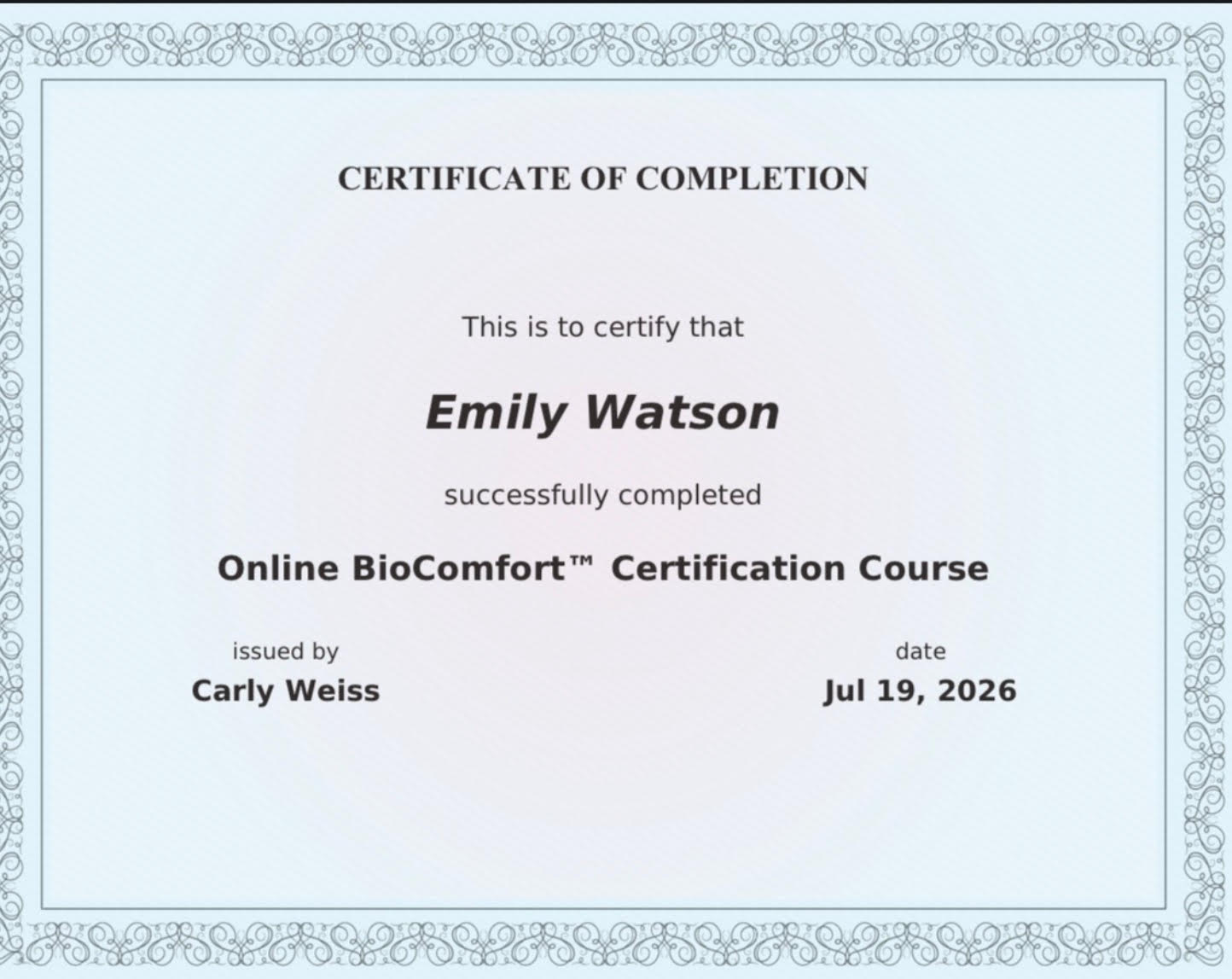 Certificate of completion for Online Biocomfort certification course at The Loft Beauty Collective