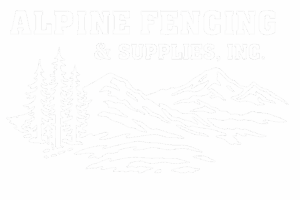 Alpine Fencing & Supplies Inc. logo with pine trees and mountain landscape