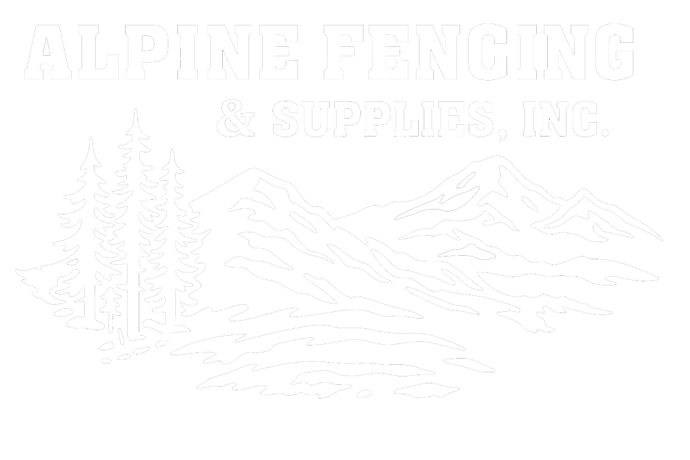 Alpine Fencing & Supplies Inc. logo with pine trees and mountain landscape