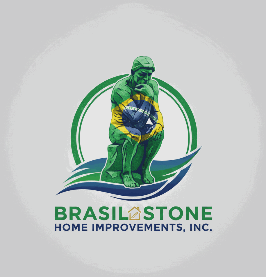 Brasil Stone Home Improvements, Inc. logo with a green stone worker holding a stone slab and wave design