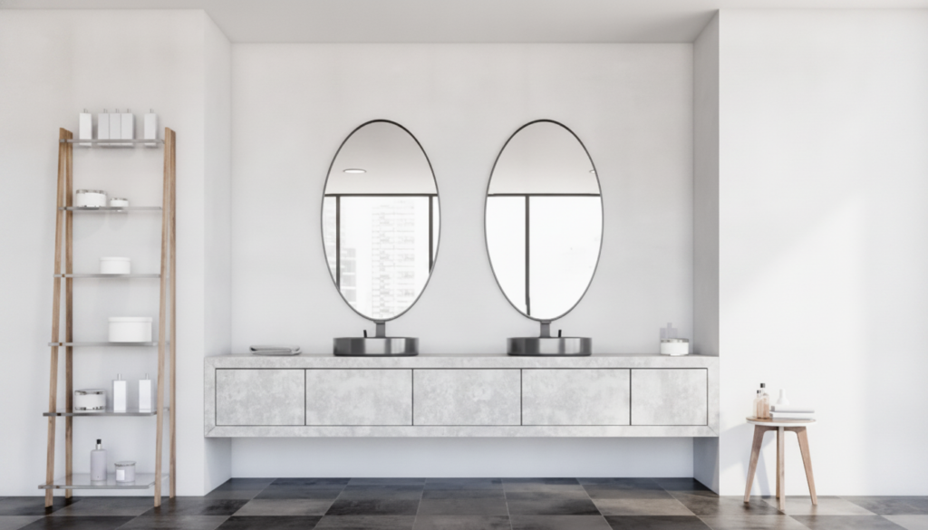 Modern bathroom vanity with double oval mirrors and stone countertop in a clean white interior by Brasil Stone Home Improvements, Inc.